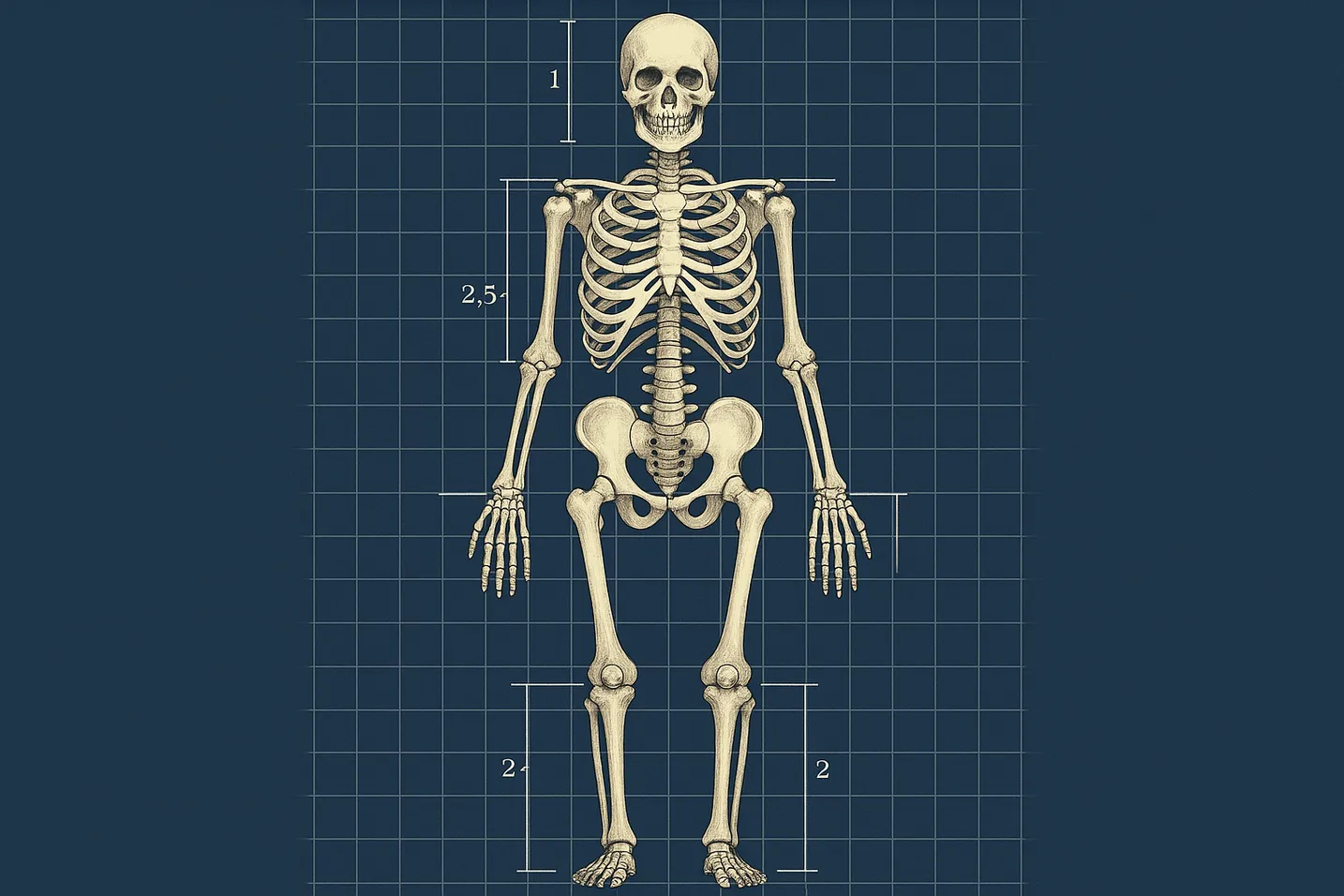Human skeleton with proportional grid showing key anatomical landmarks