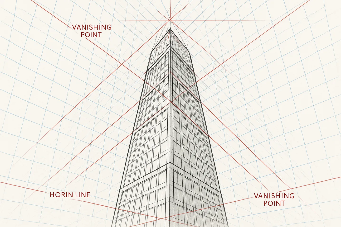 Three-point perspective construction showing grid method with vanishing points and construction lines