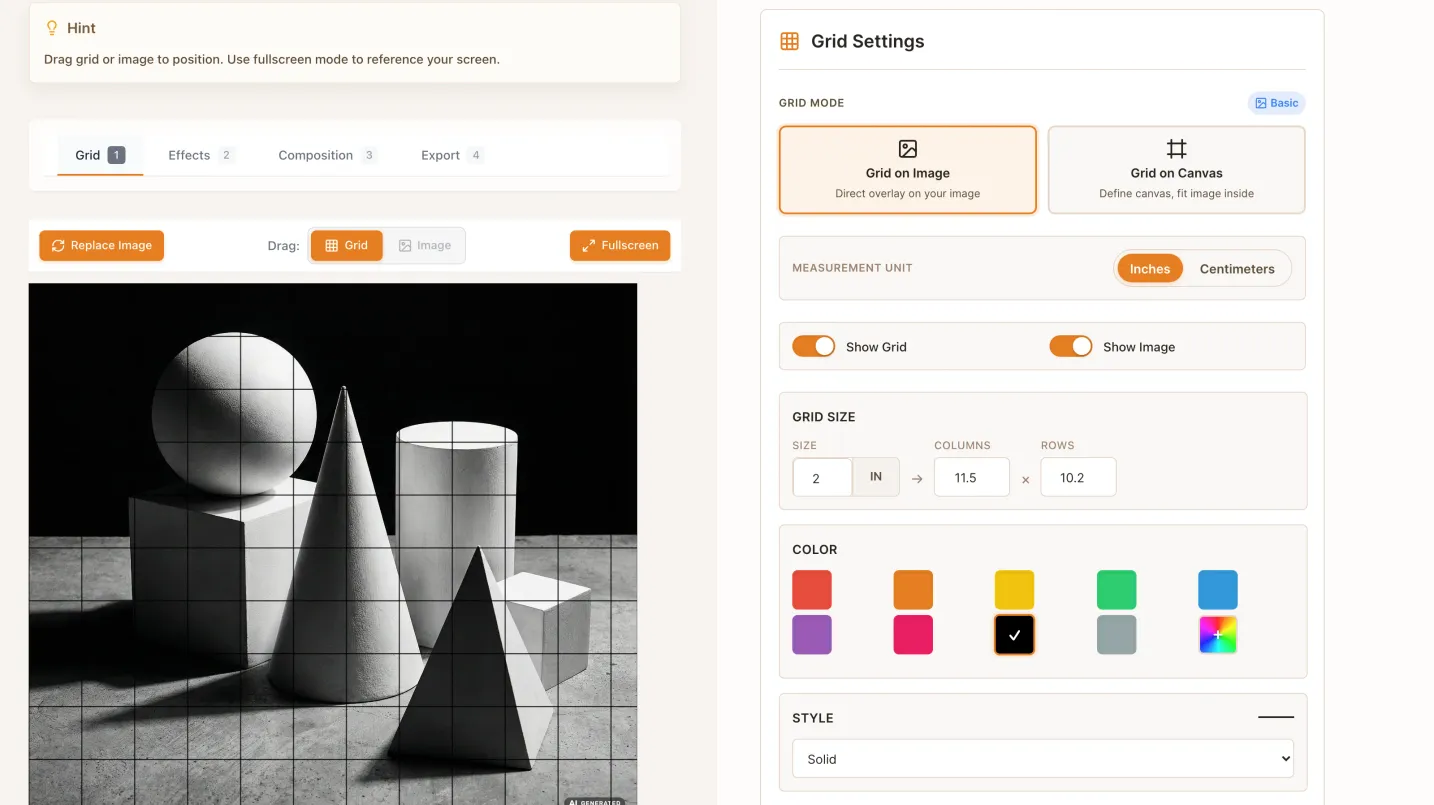 The free online grid maker with a reference photo, a drawing grid in inches and the grid settings panel