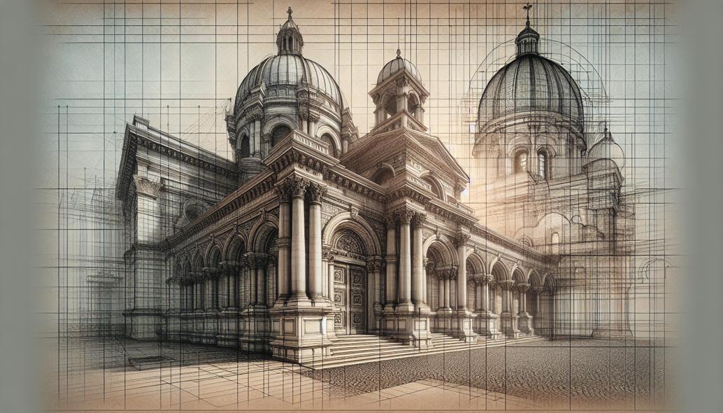 Detailed architectural sketch using grid techniques