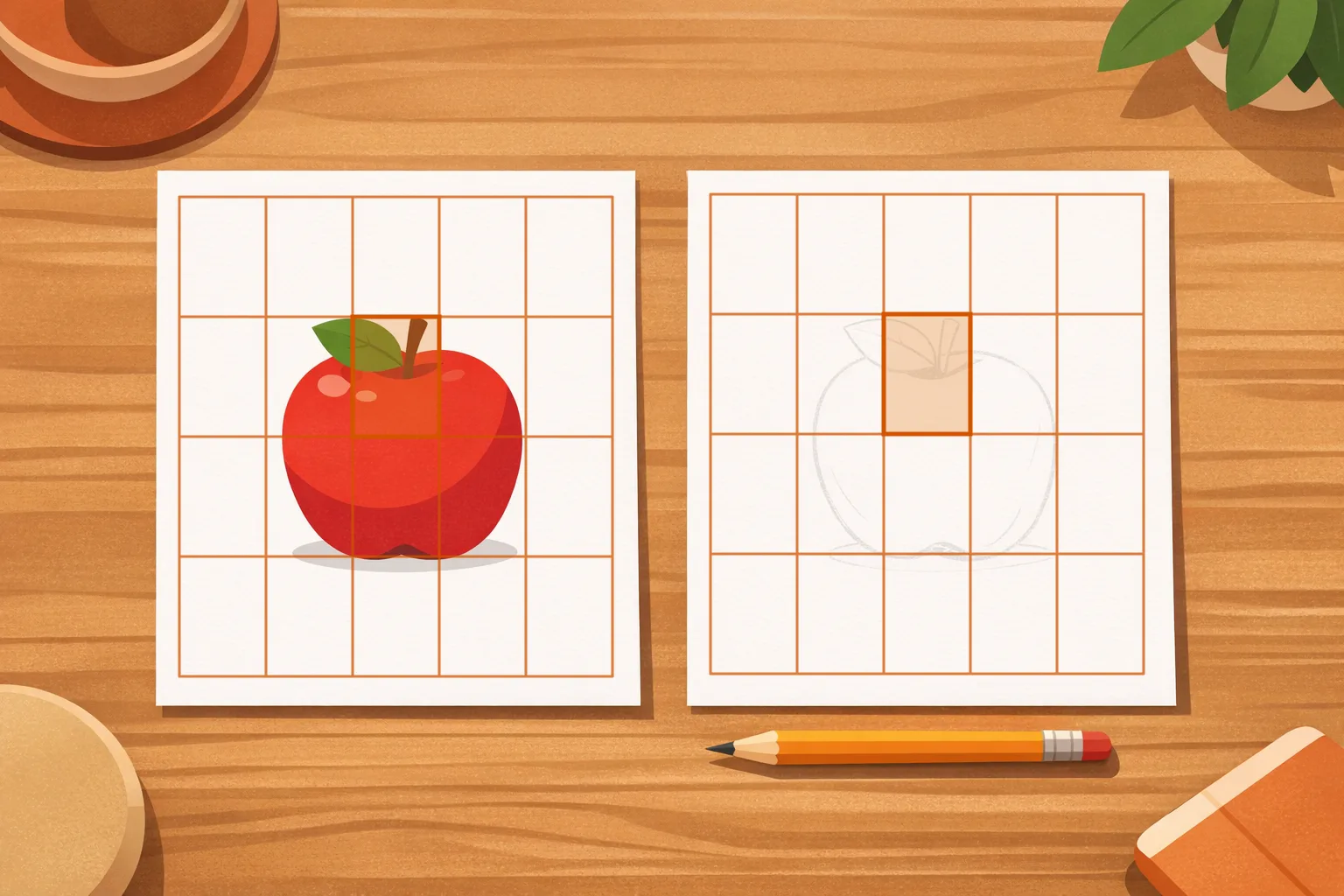 Reference with a 5x4 grid over an apple beside drawing paper carrying the identical 5x4 grid, one matching cell highlighted