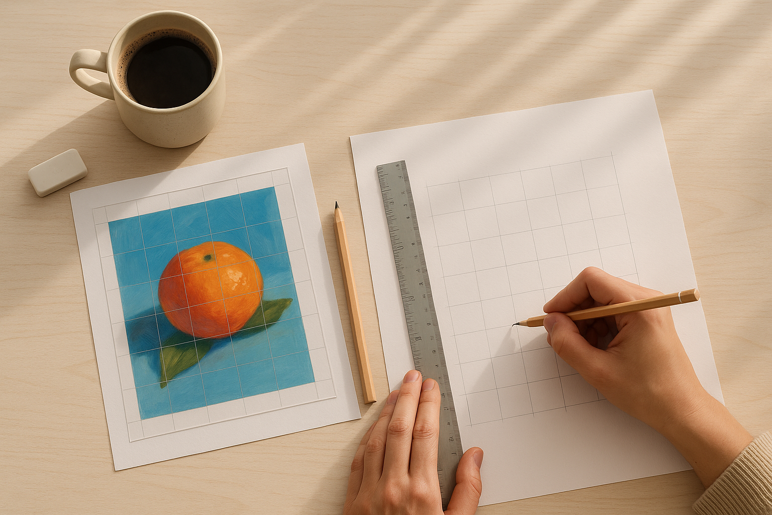 Organized beginner artist workspace showing grid drawing setup with reference photo, drawing paper, ruler and essential tools