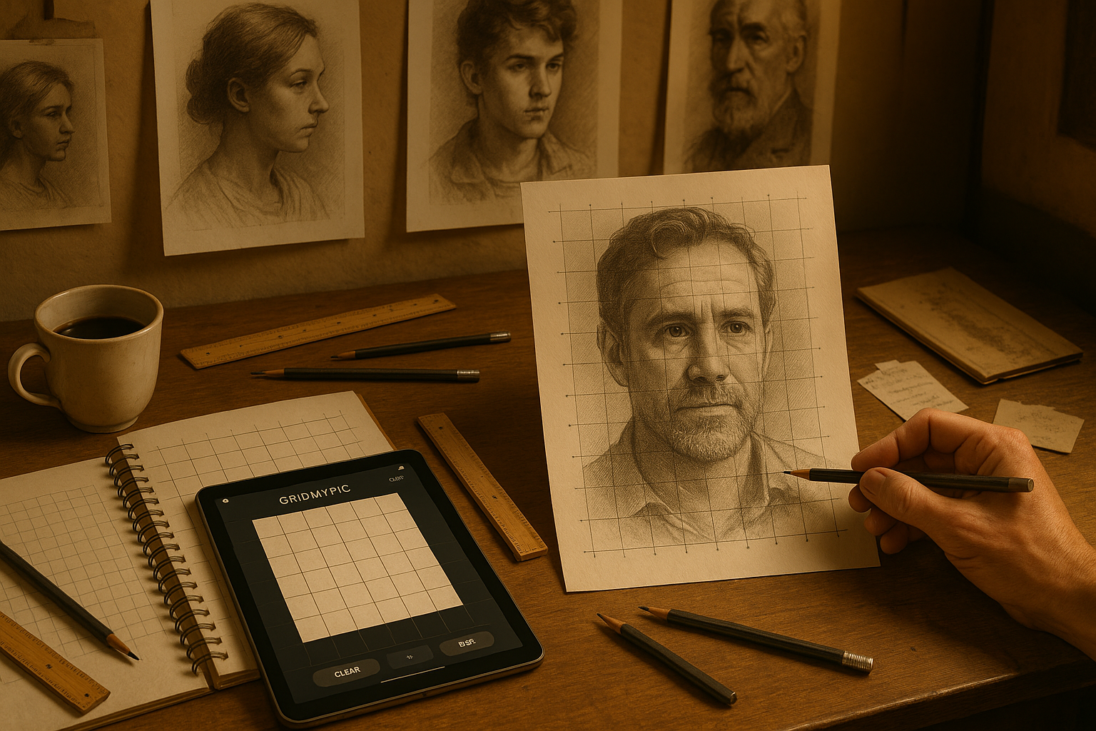 Professional artist studio showing advanced grid technique mastery with completed portrait commission and years of practice