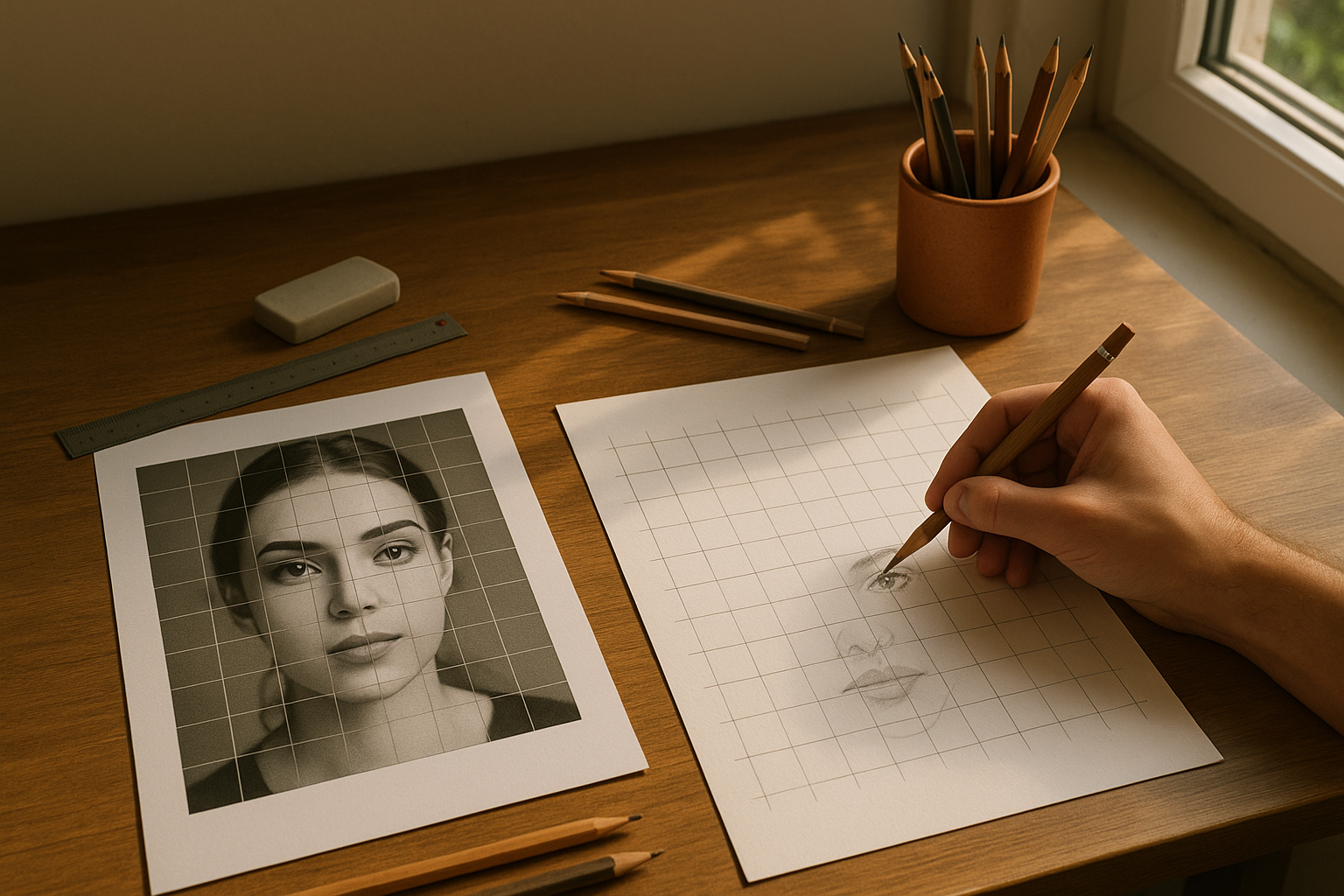 Artist workspace showing grid drawing method with reference photo and drawing paper with matching grids