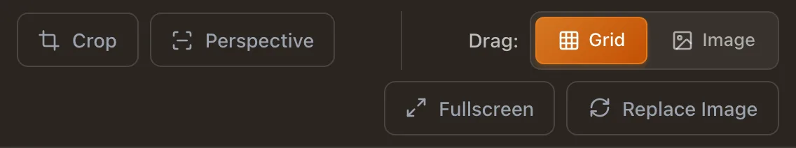 The canvas toolbar with Crop, the Drag switch set to Grid, Fullscreen and Replace Image, dark theme