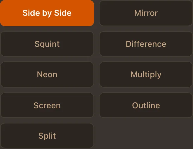 The nine comparison modes: side by side, mirror, squint, difference, neon, multiply, screen, outline and split, dark theme