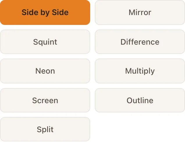 The nine comparison modes: side by side, mirror, squint, difference, neon, multiply, screen, outline and split