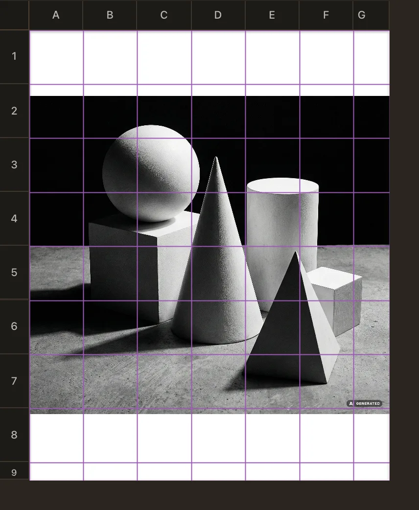 A gridded still life with column letters A to G along the top and row numbers 1 to 9 down the left, dark theme