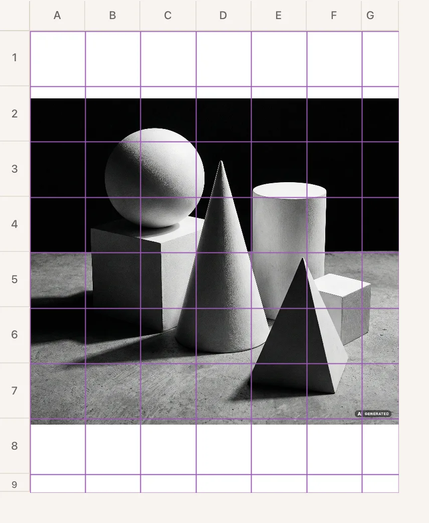 A gridded still life with column letters A to G along the top and row numbers 1 to 9 down the left