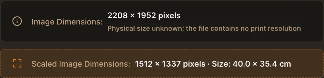 The image panel showing 2208 by 1952 pixels, a note that the physical size is unknown, and the scaled size of 40 by 35.4 centimetres, dark theme