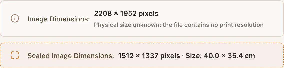 The image panel showing 2208 by 1952 pixels, a note that the physical size is unknown, and the scaled size of 40 by 35.4 centimetres