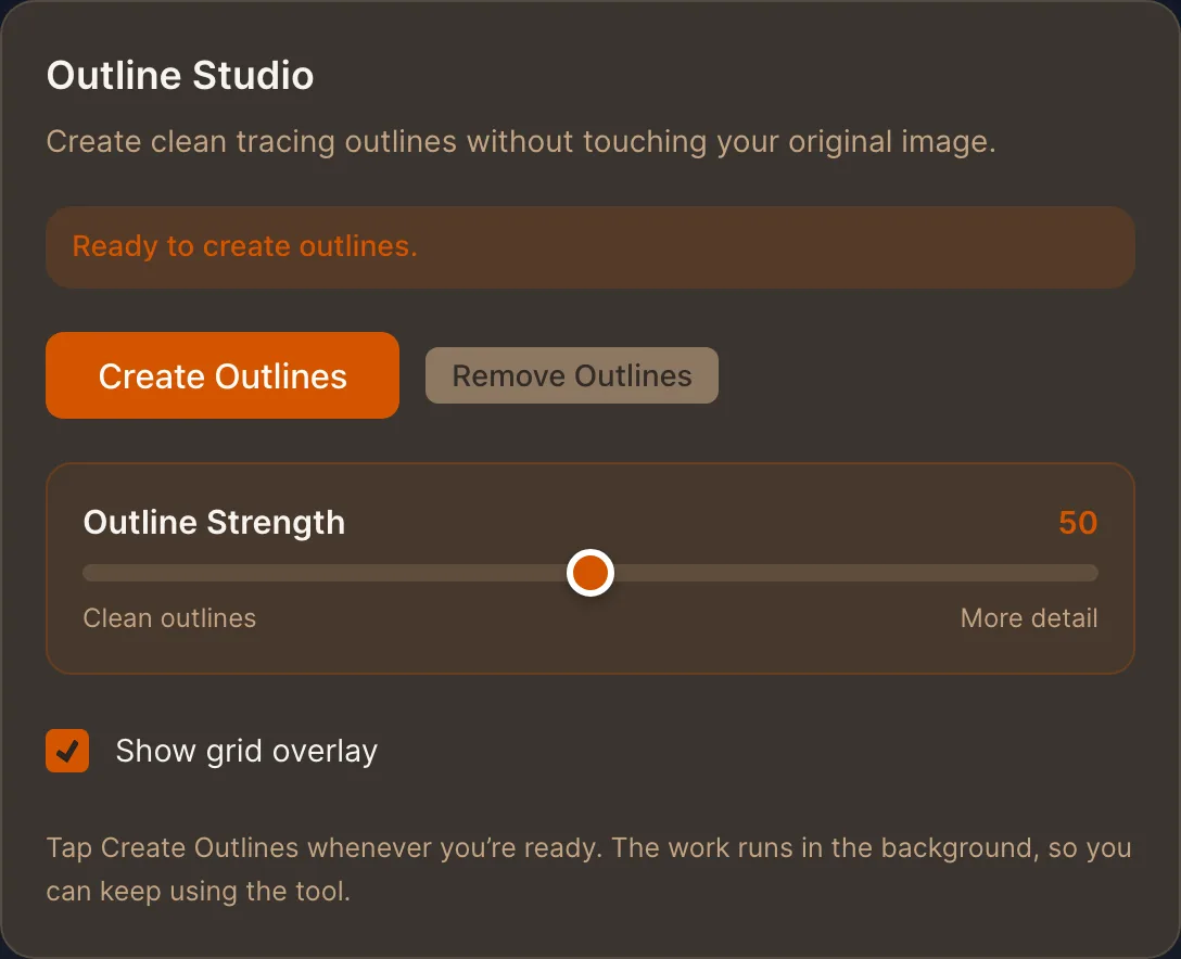 Outline Studio with the Create Outlines button, the Outline Strength slider at 50 and the Show grid overlay checkbox, dark theme