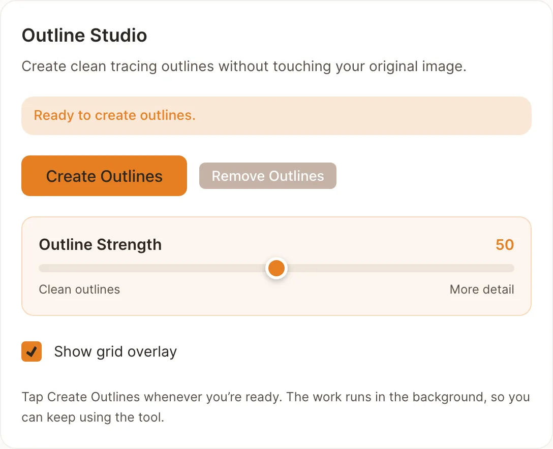 Outline Studio with the Create Outlines button, the Outline Strength slider at 50 and the Show grid overlay checkbox