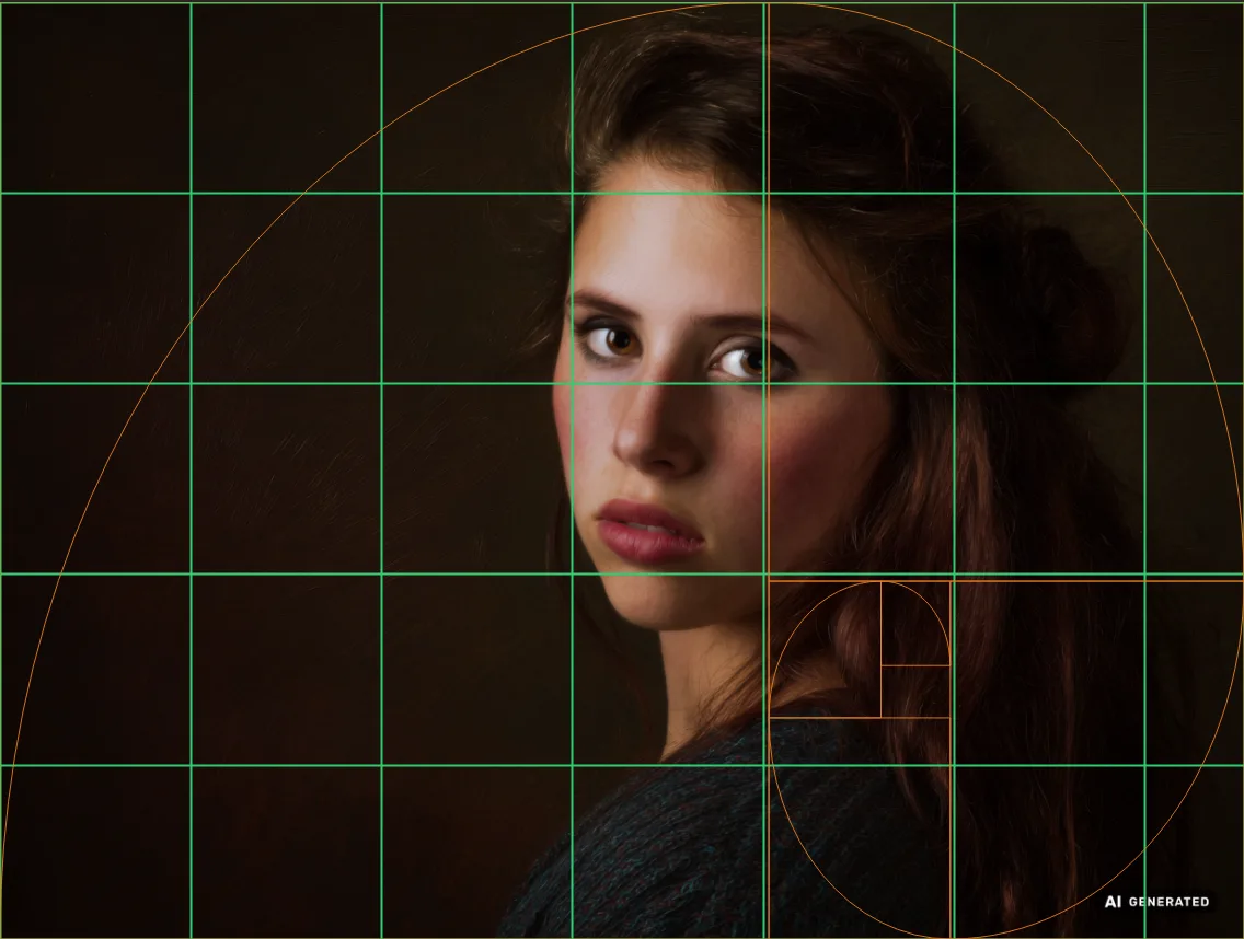 A portrait reference with the golden spiral overlay drawn above the drawing grid, dark theme