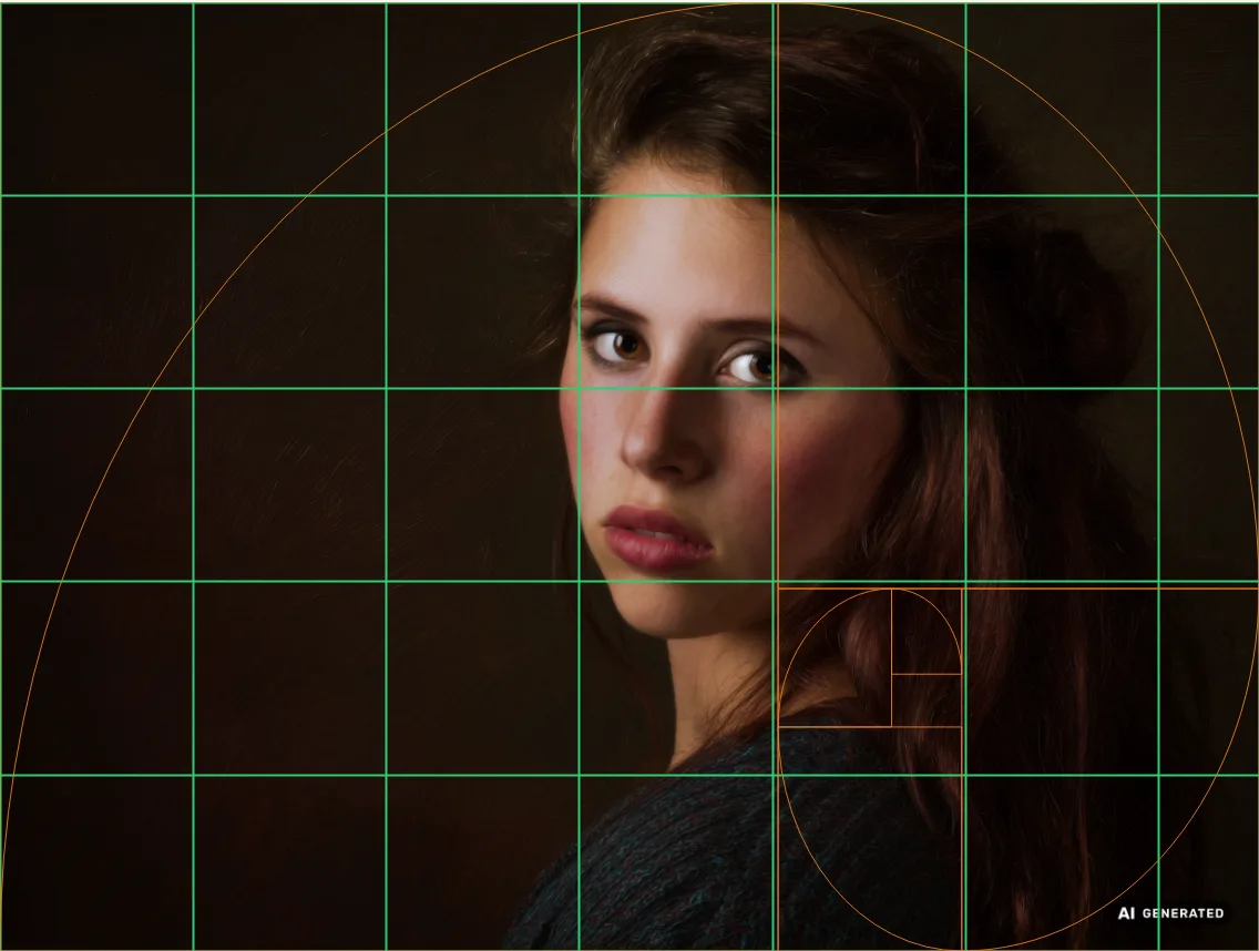 A portrait reference with the golden spiral overlay drawn above the drawing grid
