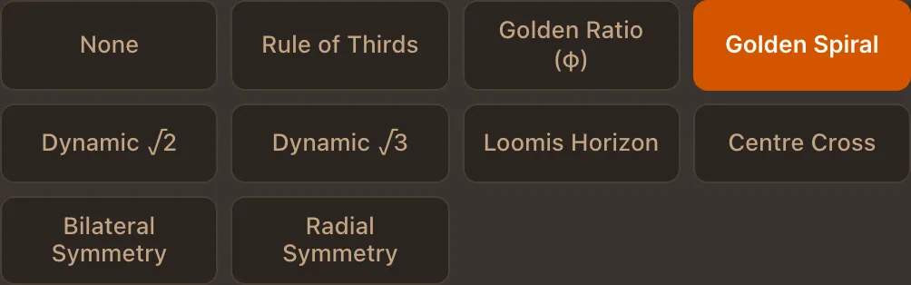 The composition overlay picker: an Off chip and nine guides, with Golden Spiral selected, dark theme