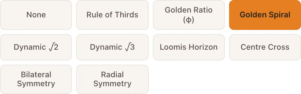The composition overlay picker: an Off chip and nine guides, with Golden Spiral selected