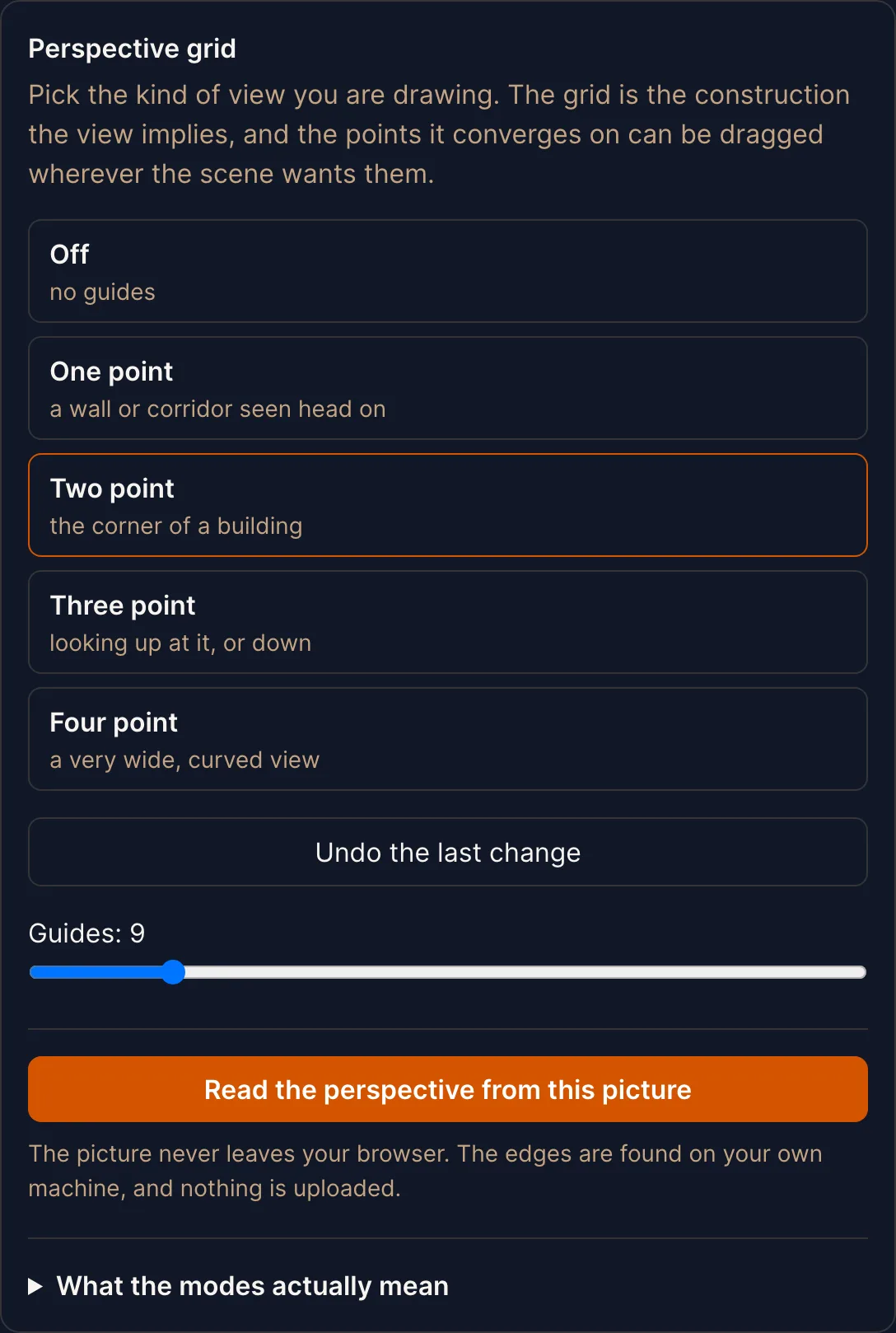 The perspective panel with the four modes, each described by the view it belongs to, and the guide count slider, dark theme