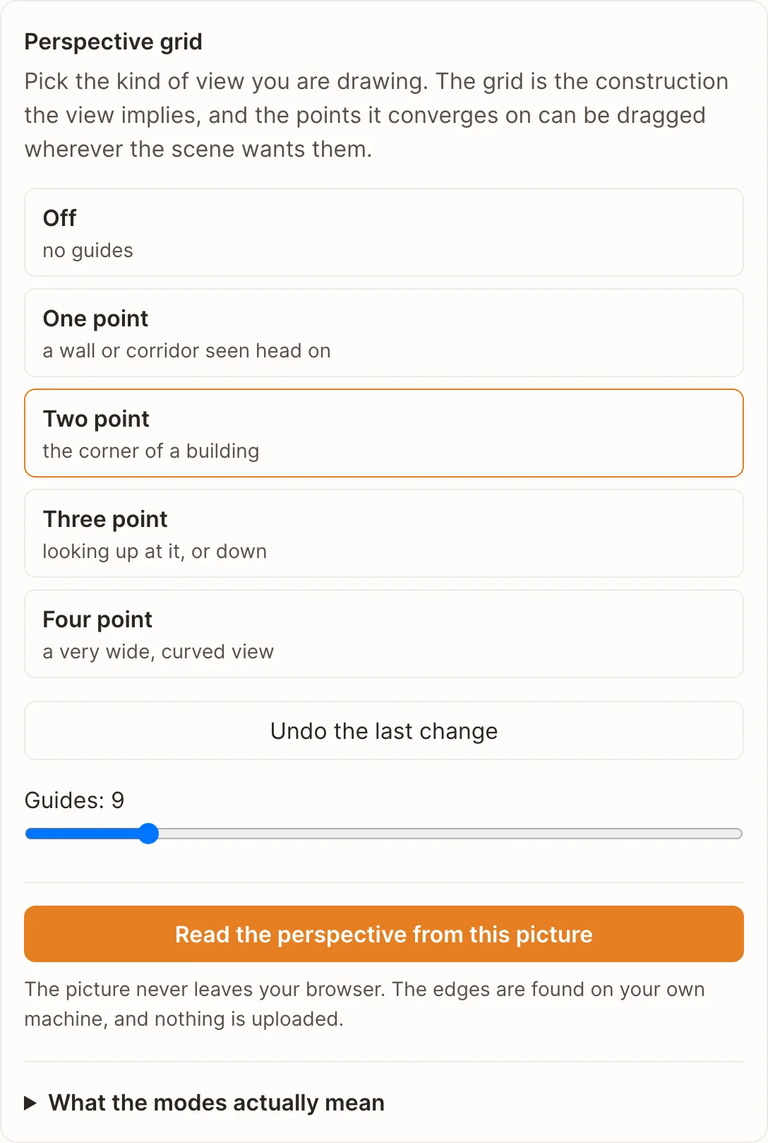 The perspective panel with the four modes, each described by the view it belongs to, and the guide count slider