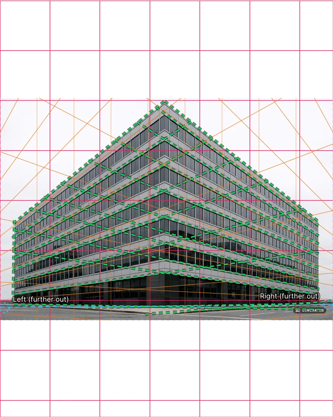 A photograph of a building corner with the perspective guides on it and the edges the reading was built from drawn in green