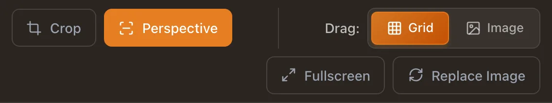 The canvas toolbar with the Crop and Perspective buttons, Perspective active, dark theme
