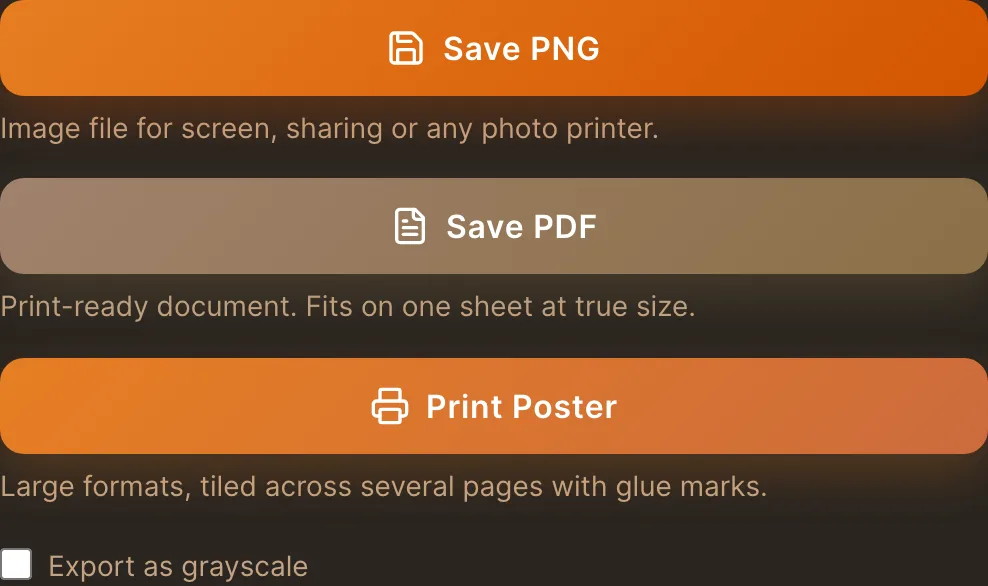 The export row with Save PNG, Save PDF and Print Poster, each with a short caption explaining when to use it, dark theme