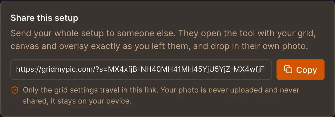 The Share this setup panel showing a gridmypic.com link whose settings are packed into a single code, next to a Copy button, dark theme
