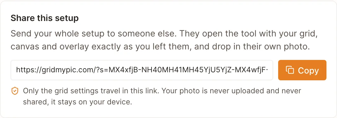 The Share this setup panel showing a gridmypic.com link whose settings are packed into a single code, next to a Copy button