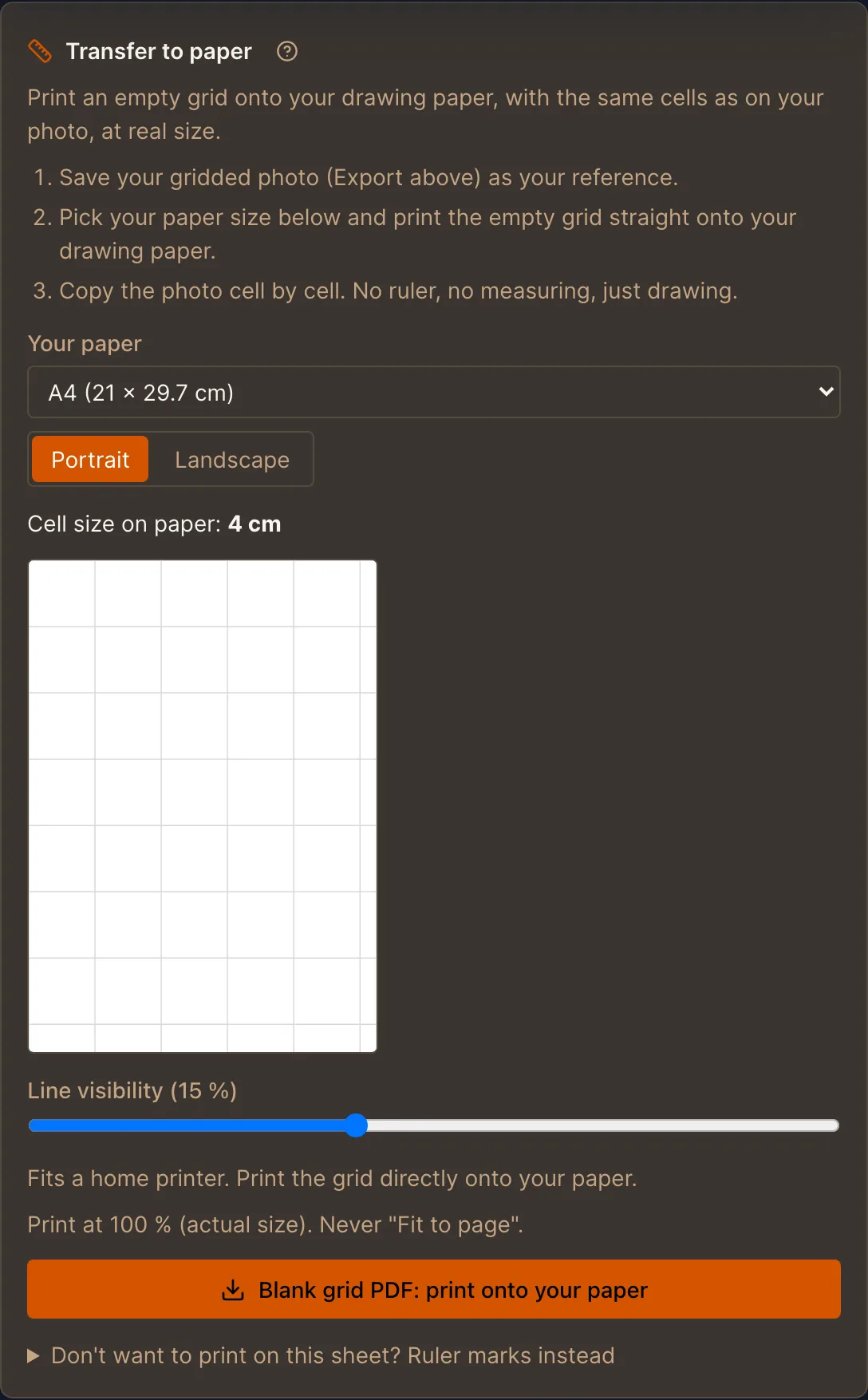 The Transfer to paper panel with A4 selected, showing the resulting cell size and the print-at-100-percent note, dark theme
