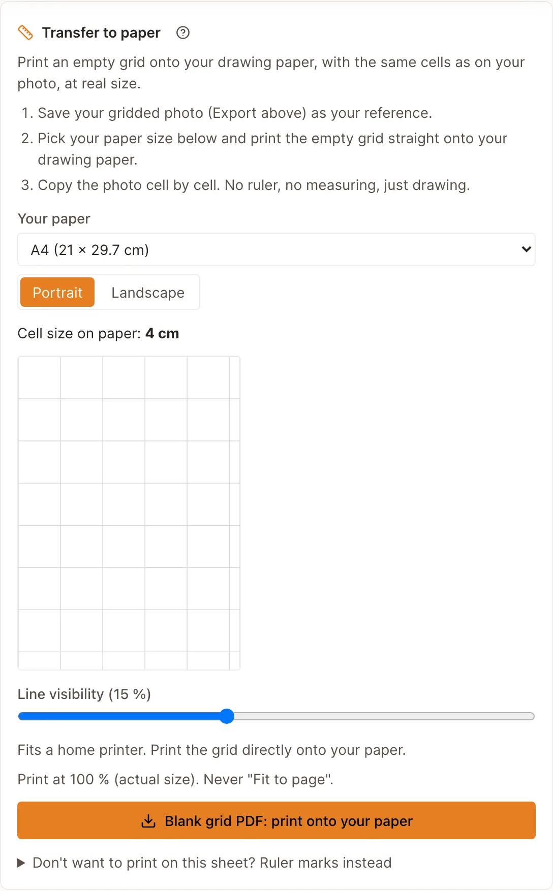 The Transfer to paper panel with A4 selected, showing the resulting cell size and the print-at-100-percent note