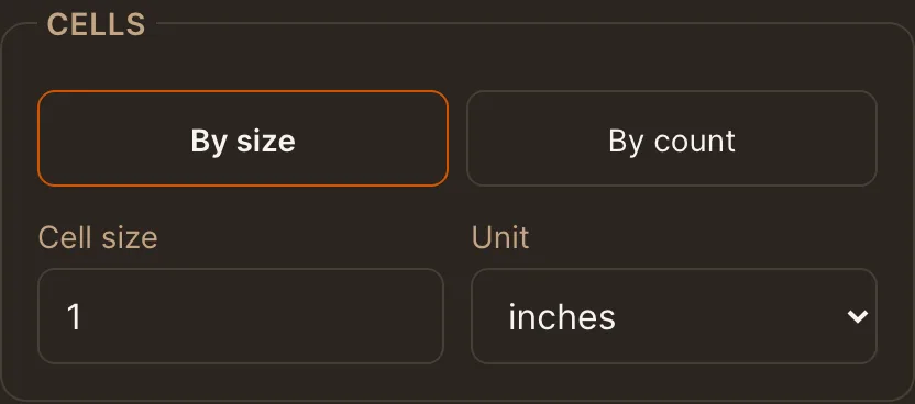 The Cells settings: by size with a value and a unit, or by count with columns and rows, dark theme