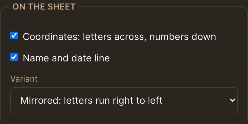 The On the sheet settings: coordinates, name and date line, and the variant chooser set to mirrored, dark theme