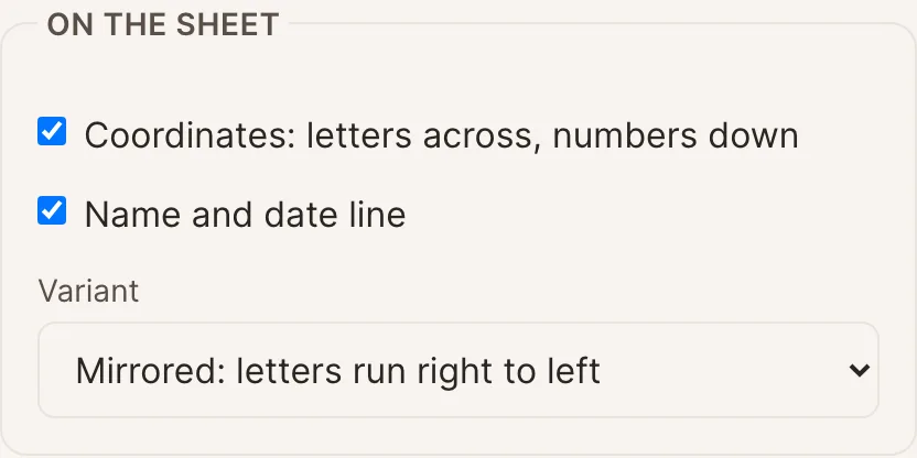 The On the sheet settings: coordinates, name and date line, and the variant chooser set to mirrored