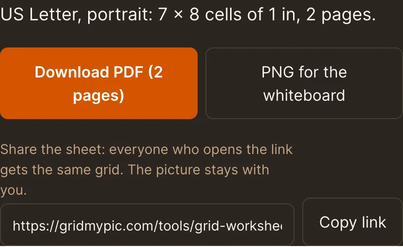 The summary line, the Download PDF and PNG buttons, and the share link with its Copy button, dark theme