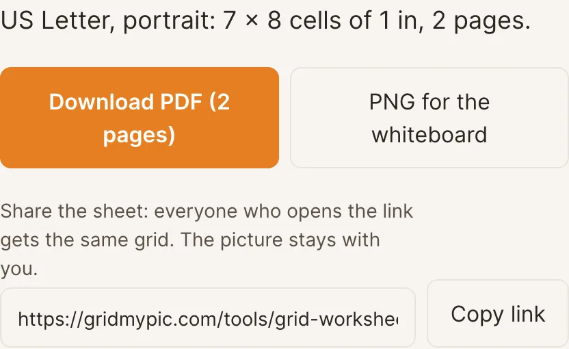 The summary line, the Download PDF and PNG buttons, and the share link with its Copy button