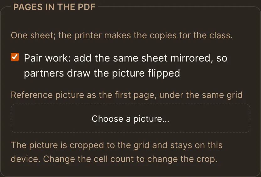 The Pages in the PDF settings: the pair work option and the reference picture chooser, dark theme