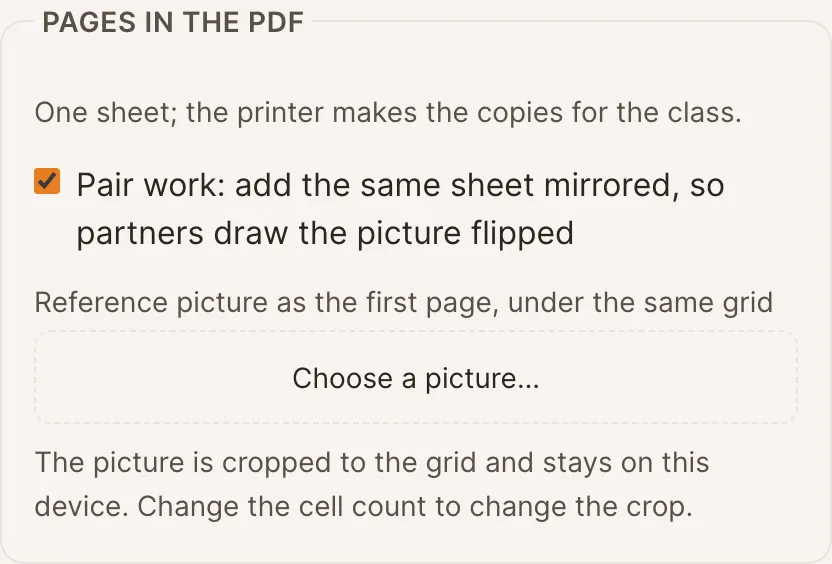 The Pages in the PDF settings: the pair work option and the reference picture chooser