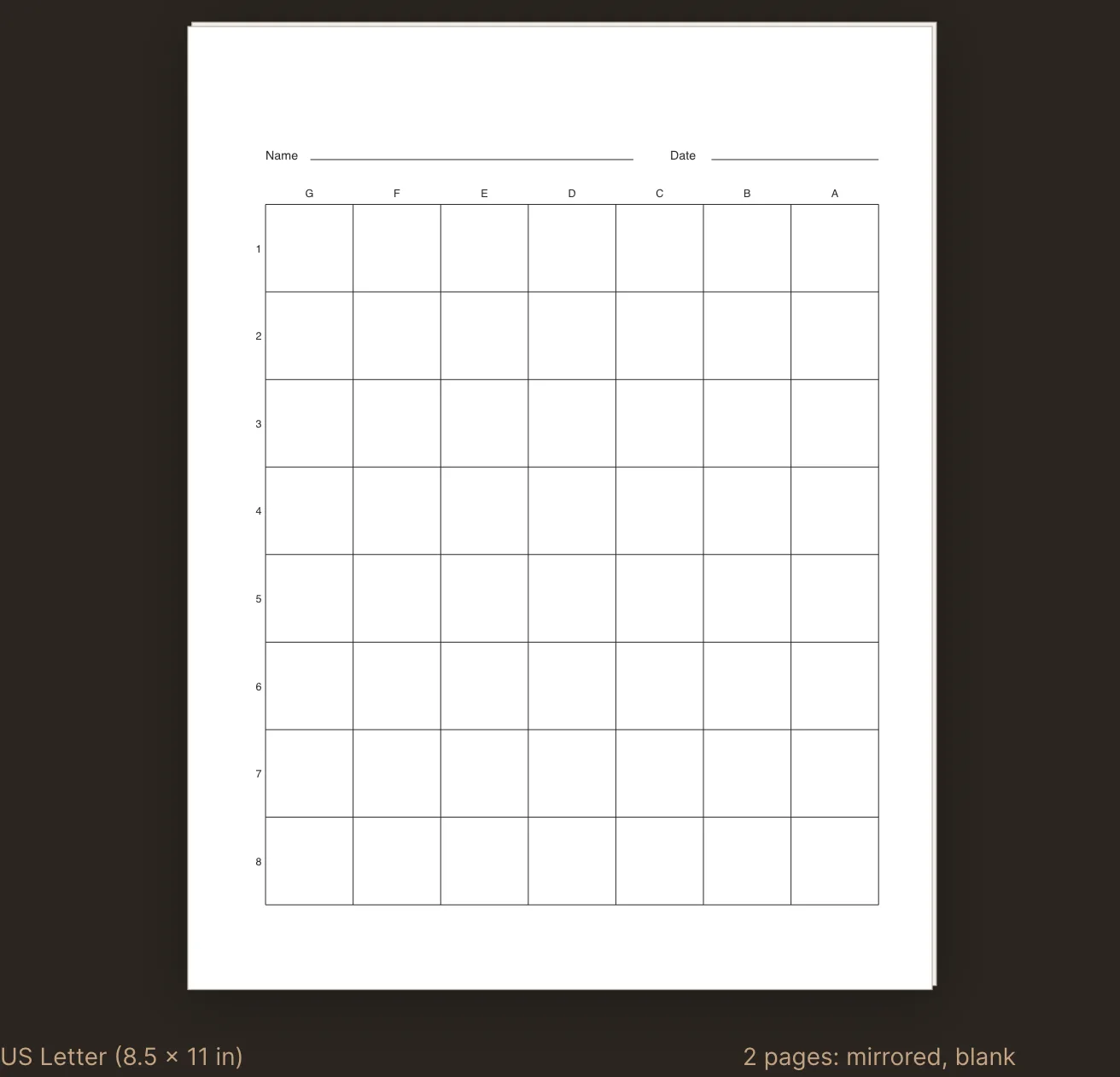 The sheet preview: a Letter page with a name and date line, letters across the top running right to left, numbers down the side, and a second sheet behind, dark theme