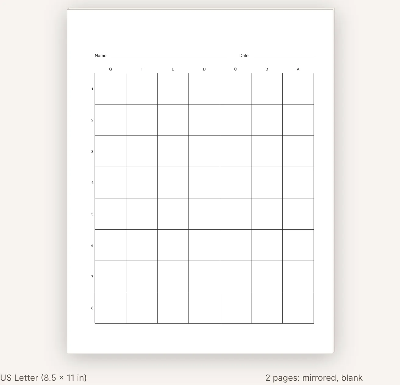 The sheet preview: a Letter page with a name and date line, letters across the top running right to left, numbers down the side, and a second sheet behind