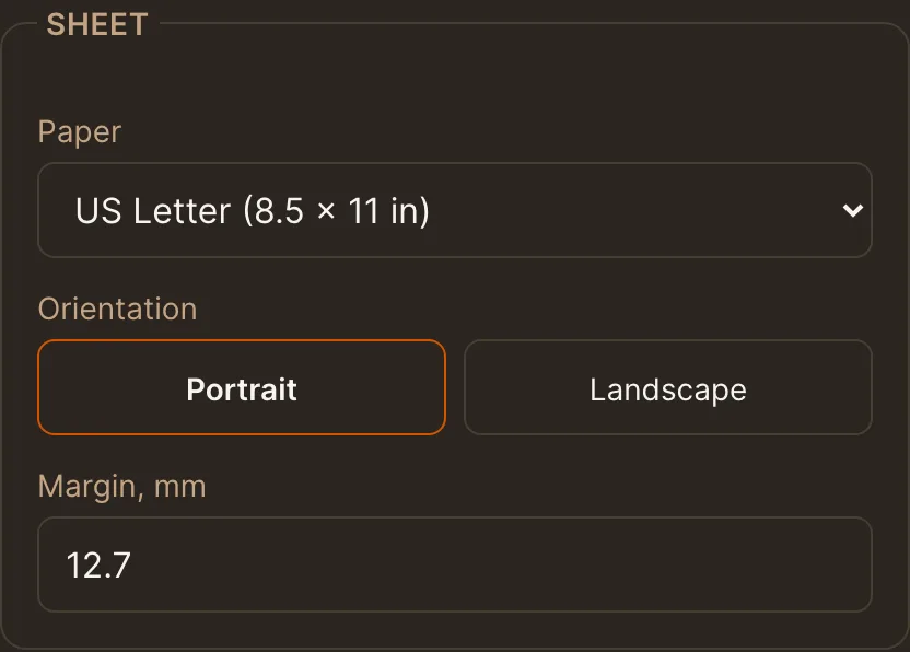 The Sheet settings of the worksheet maker: paper, orientation and margin, dark theme