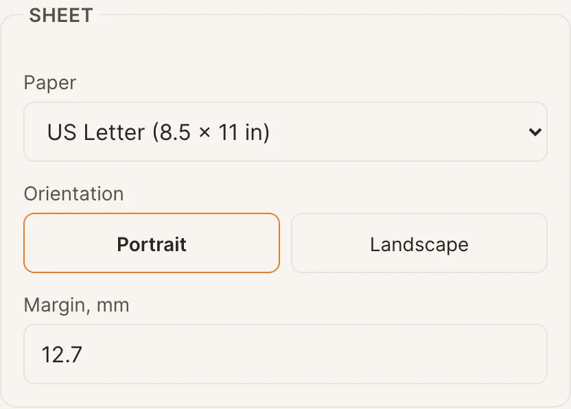 The Sheet settings of the worksheet maker: paper, orientation and margin