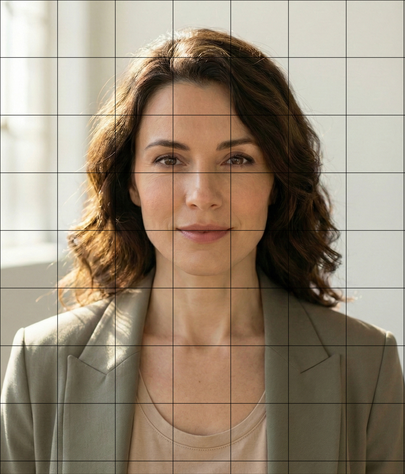 Portrait with precision grid overlay showing face proportions