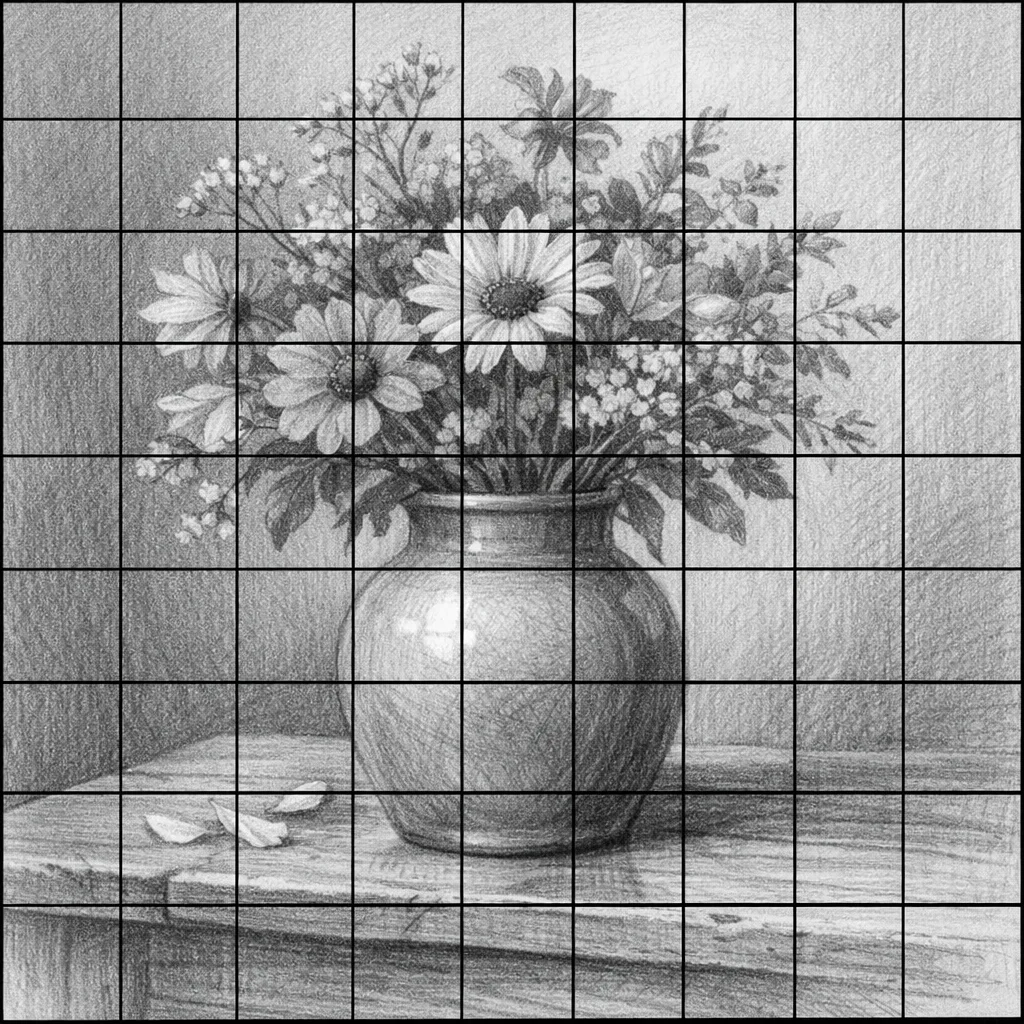 Printable grid overlay on reference photo ready for printing