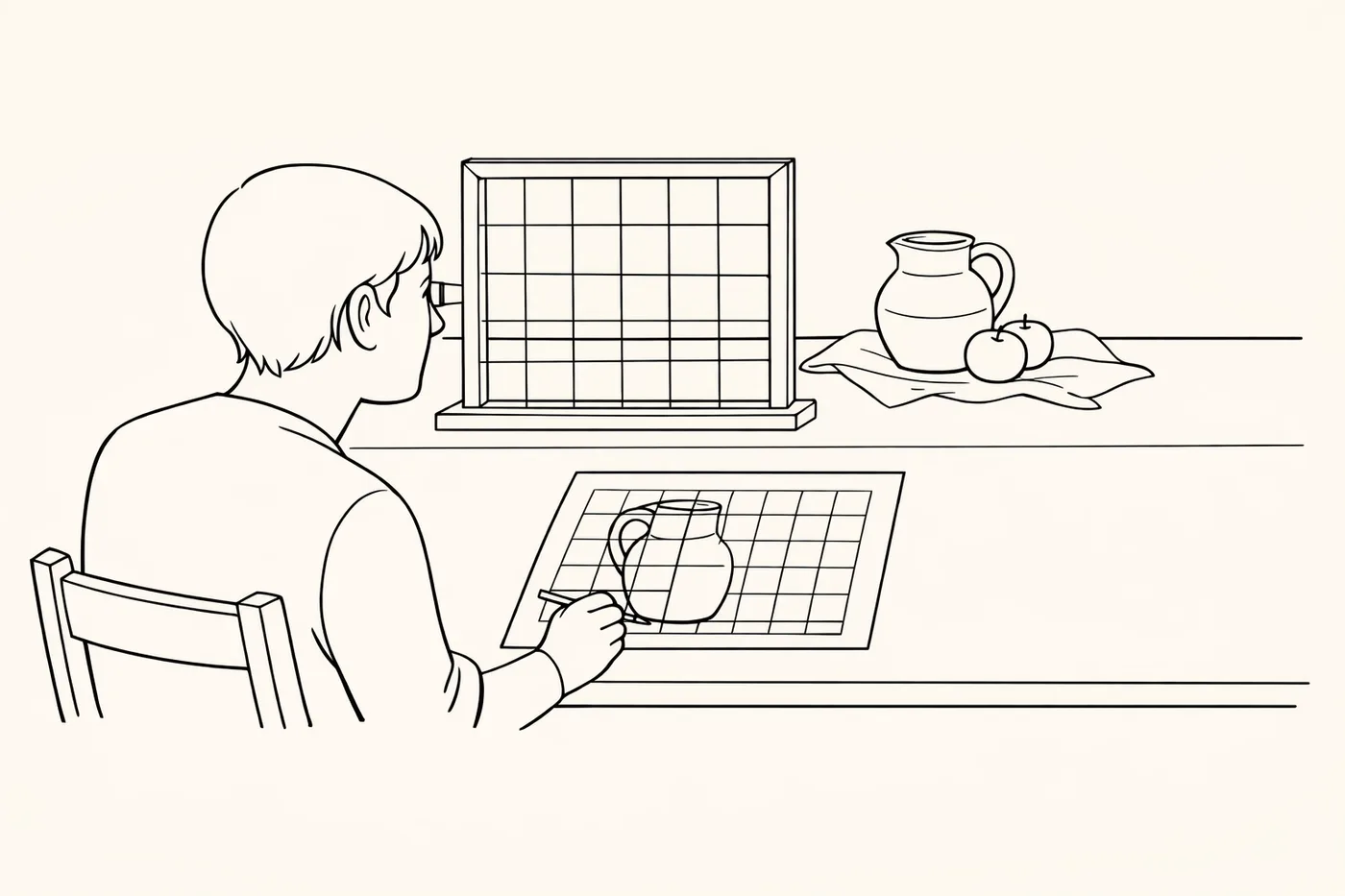 Illustration of the drawing frame: an artist looks through an upright frame divided into squares at a jug and two apples and draws them square by square onto a sheet ruled with the same grid
