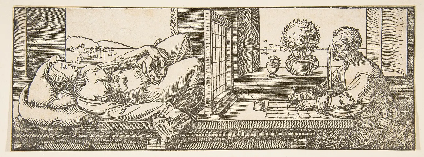 Dürer's woodcut of a draughtsman looking through a squared frame at a reclining woman and drawing her, square by square, onto a squared sheet in front of him
