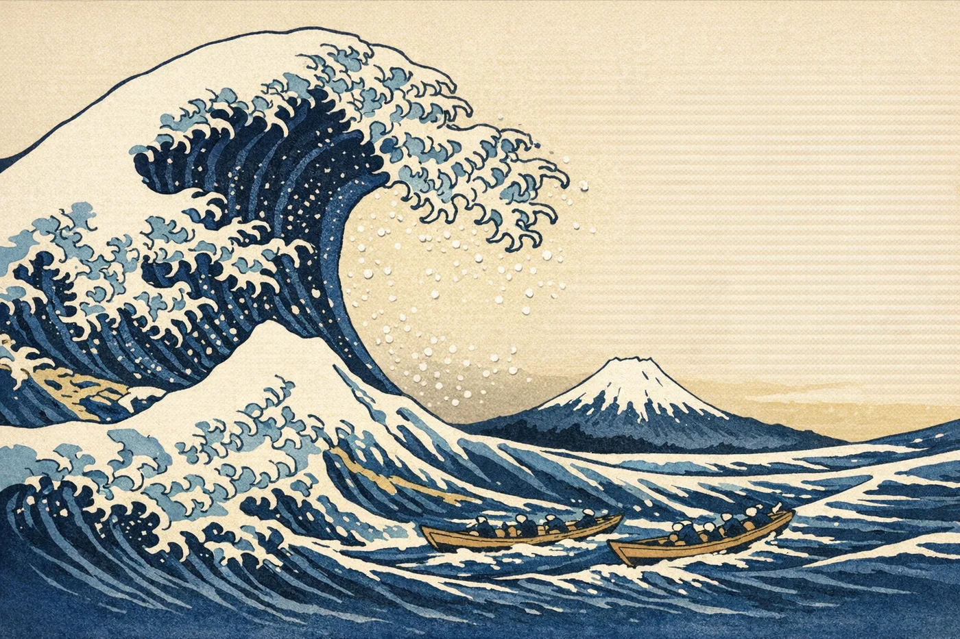 AI-generated picture composed after Hokusai's Great Wave: a huge cresting wave on the left towering over two boats, a small snow-capped mountain low and right of centre