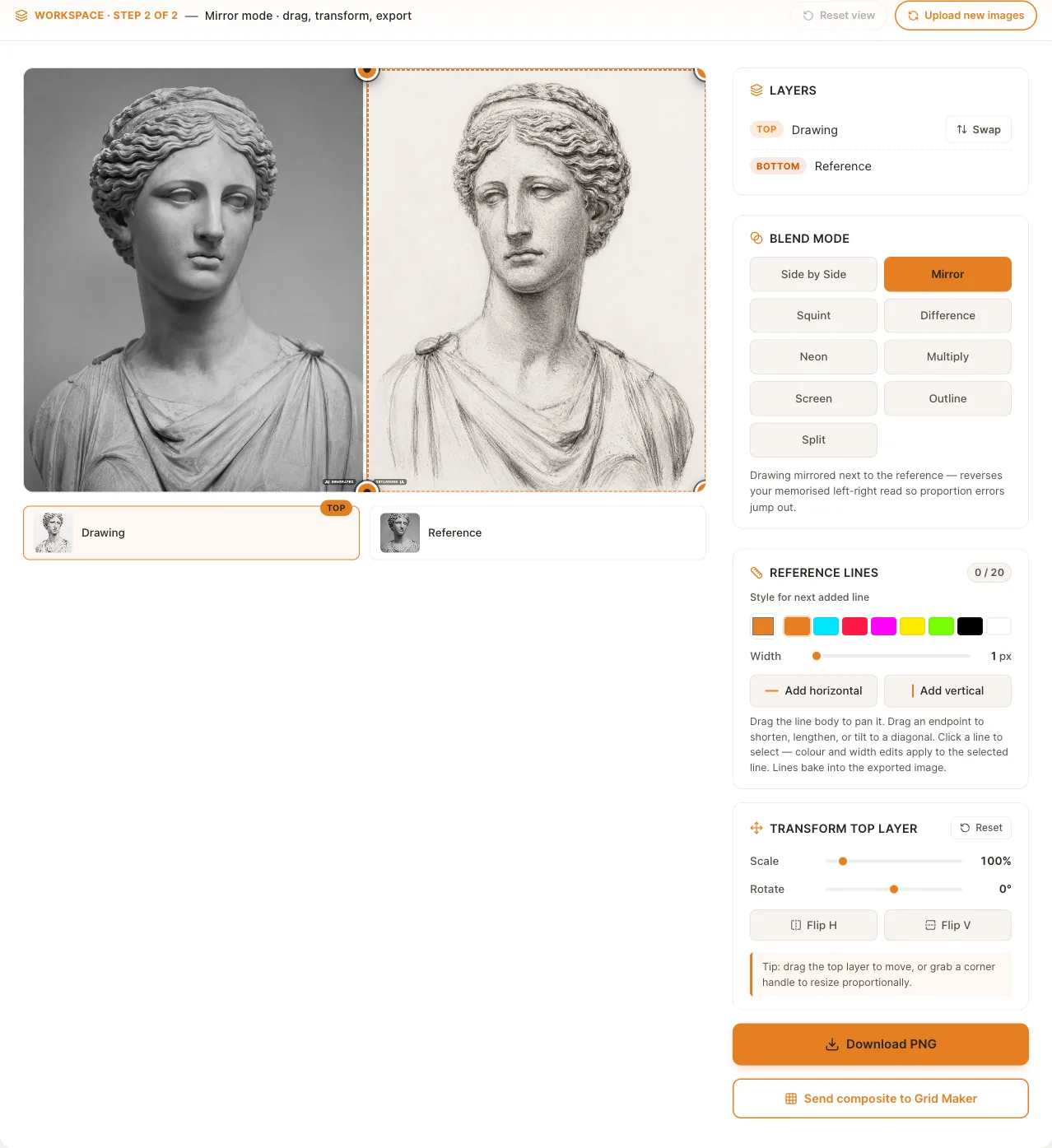 Compare drawing to reference tool showing a drawing next to its reference photo