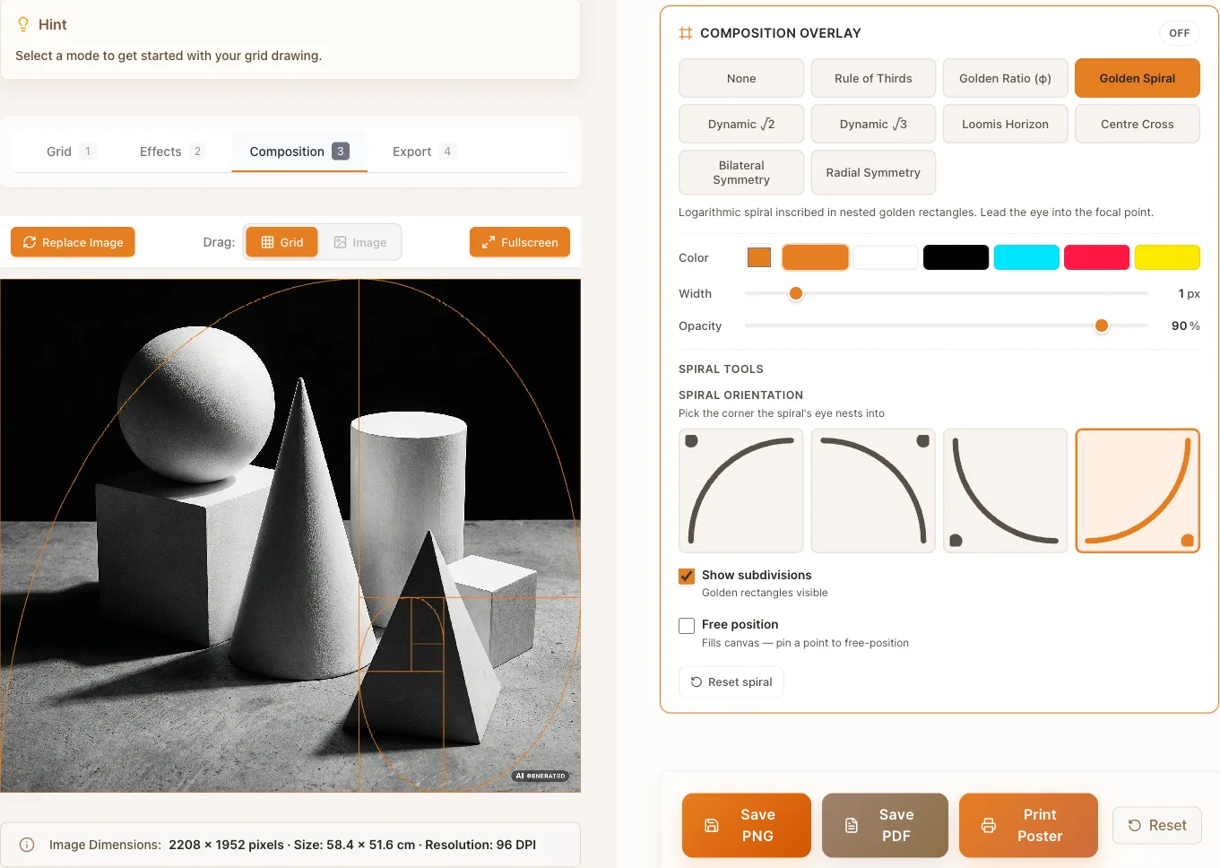 Golden spiral composition overlay positioned over a reference photo in the online grid maker