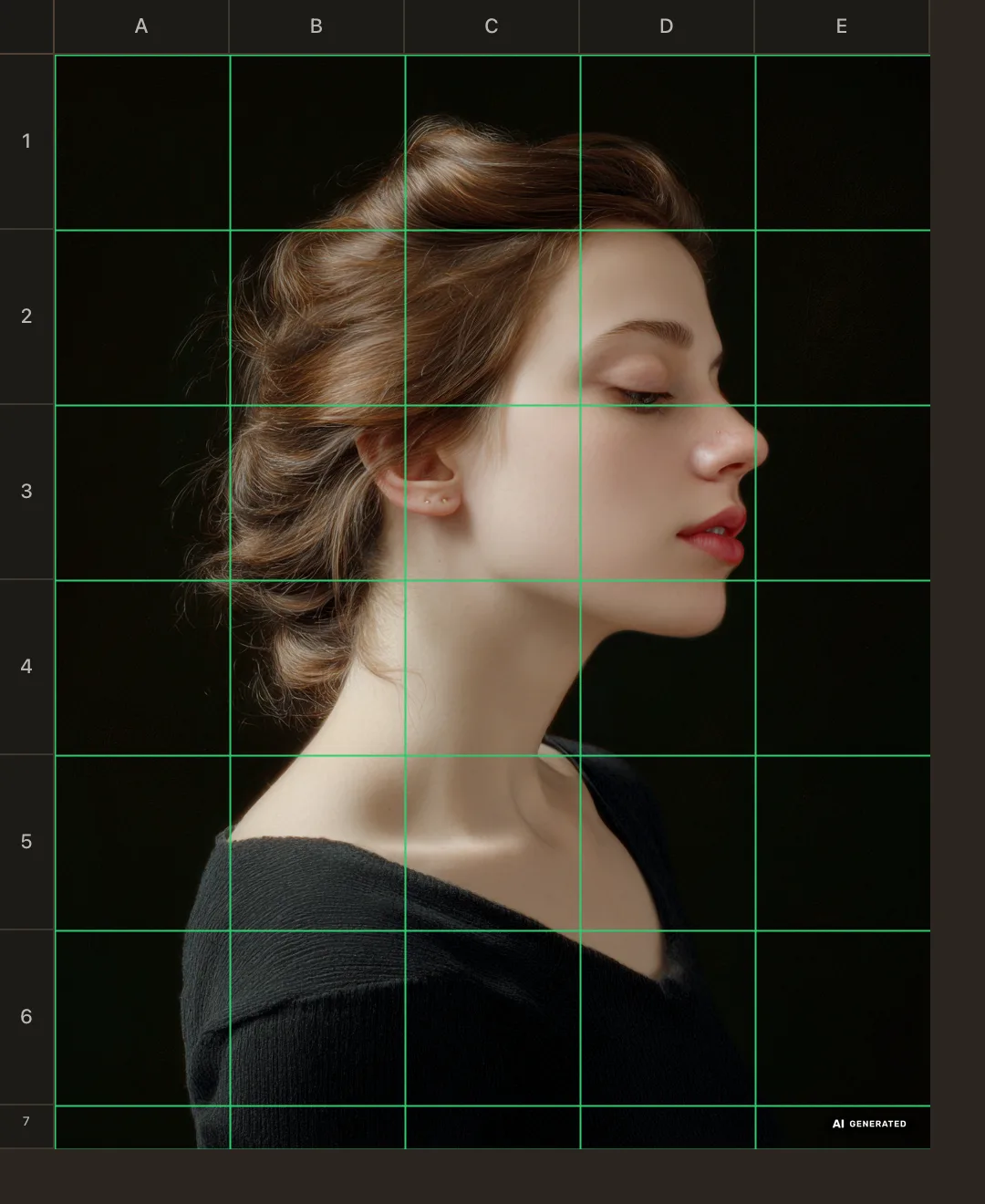 The image grid maker in dark mode with a 2-inch drawing grid and coordinate labels over a portrait reference