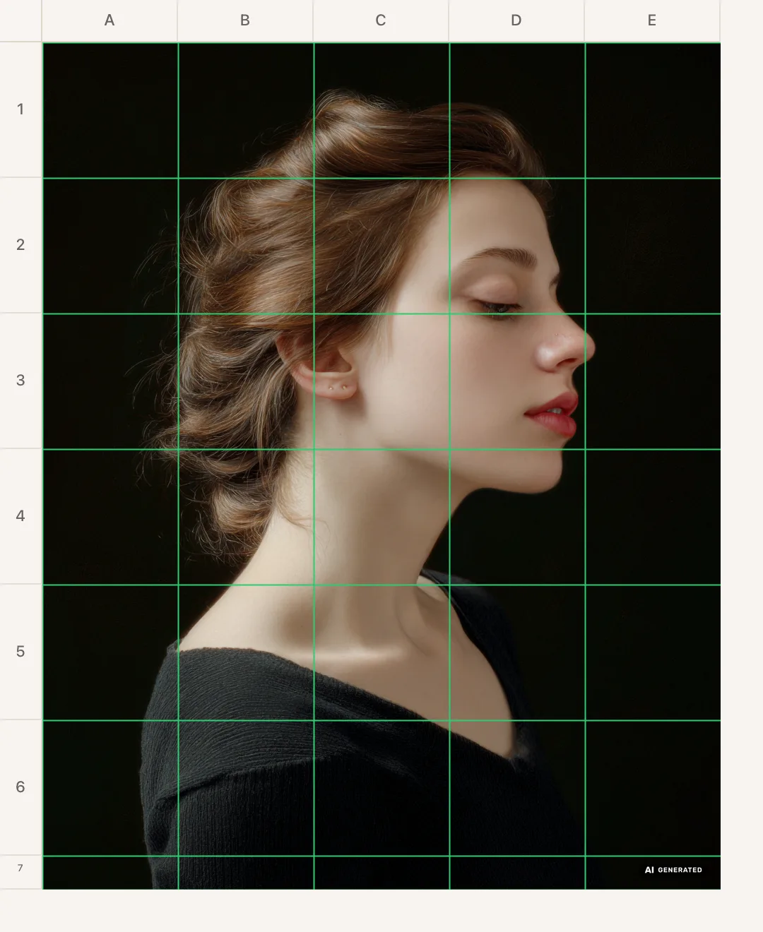 The image grid maker with a 2-inch drawing grid and A1-style coordinate labels over a portrait reference, light theme